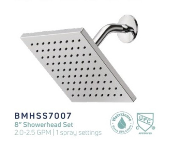 SHOWER HEAD WITH ARM BISMAN 8" SQUARE CHROME BMHSS7007