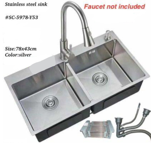 SINK D/BOWL CHROME 7.5" DEEP 78X43CM WITH DRAINING RACK AND WASTE SC-5978-Y53