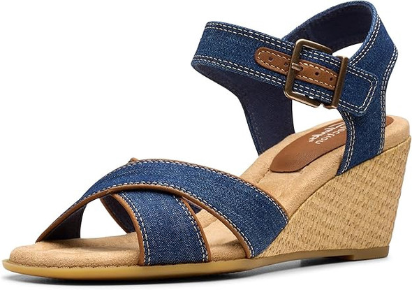 Footwear Clarks Emmalae Iris Heeled Sandal Denim Footwear Clarks Emmalae Iris Heeled Sandal Denim