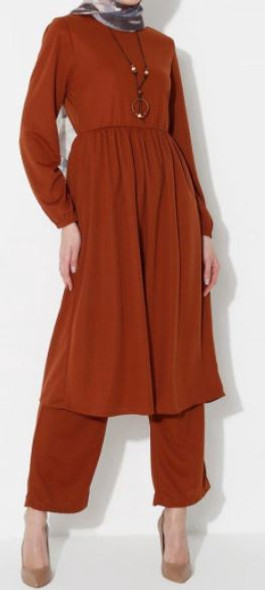 Pants Suit Brown / Emerald With Necklace Plus Size