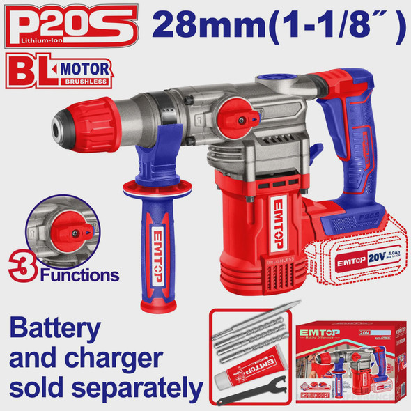 DRILL GUN EMTOP ELRH20288 ROTARY HAMMER 20V LITHIUM ION