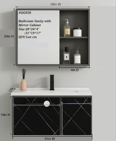 BATHROOM CABINET WALL HUNG WITH MIRROR BLACK GGS58 31"X19"X17" BATHROOM CABINET WALL HUNG WITH MIRROR BLACK GGS58 31"X19"X17"
