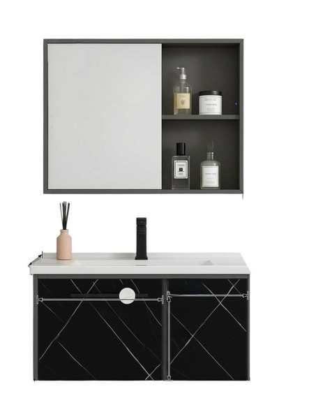BATHROOM CABINET WALL HUNG WITH MIRROR BLACK GGS58 31"X19"X17"
