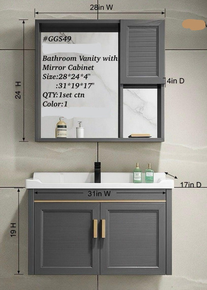 BATHROOM CABINET WALL HUNG WITH MIRROR GREY GGS49 31"X19"X17" BATHROOM CABINET WALL HUNG WITH MIRROR GREY GGS49 31"X19"X17"