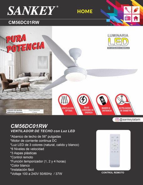 FAN CEILING 56" SANKEY CM56DC01RW 110V / 220V WITH LIGHT