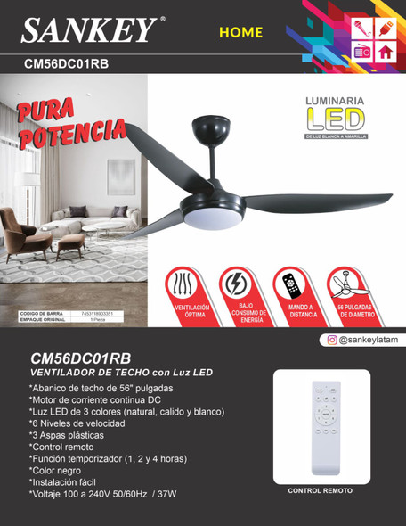 FAN CEILING 56" SANKEY CM56DC01RB 110V / 220V WITH LIGHT