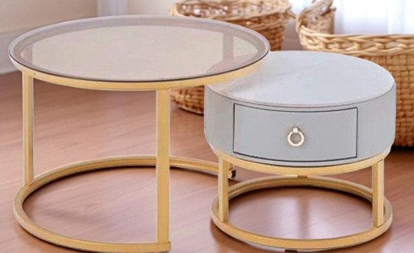 GLASS TABLE CJ-2782-Y45 GOLD AND GREY 2PCS SET COFFEE TABLE ROUND 50CM + 70CM GLASS TABLE CJ-2782-Y45 GOLD AND GREY 2PCS SET COFFEE TABLE ROUND 50CM + 70CM