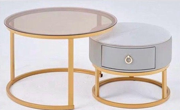 GLASS TABLE CJ-2782-Y45 GOLD AND GREY 2PCS SET COFFEE TABLE ROUND 50CM + 70CM GLASS TABLE CJ-2782-Y45 GOLD AND GREY 2PCS SET COFFEE TABLE ROUND 50CM + 70CM