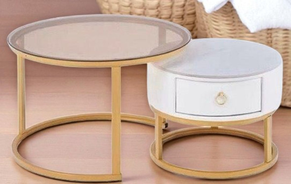 GLASS TABLE CJ-2782-Y45 GOLD AND WHITE 2PCS SET COFFEE TABLE ROUND 50CM + 70CM GLASS TABLE CJ-2782-Y45 GOLD AND WHITE 2PCS SET COFFEE TABLE ROUND 50CM + 70CM