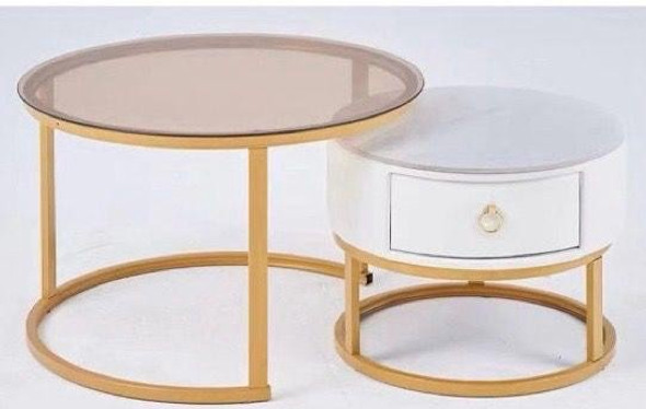 GLASS TABLE CJ-2782-Y45 GOLD AND WHITE 2PCS SET COFFEE TABLE ROUND 50CM + 70CM GLASS TABLE CJ-2782-Y45 GOLD AND WHITE 2PCS SET COFFEE TABLE ROUND 50CM + 70CM