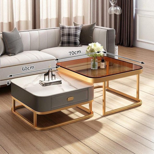 GLASS TABLE CJ-6788-Y45 GOLD AND GREY 2PCS SET COFFEE TABLE SQUARE 60CM + 70CM GLASS TABLE CJ-6788-Y45 GOLD AND GREY 2PCS SET COFFEE TABLE SQUARE 60CM + 70CM