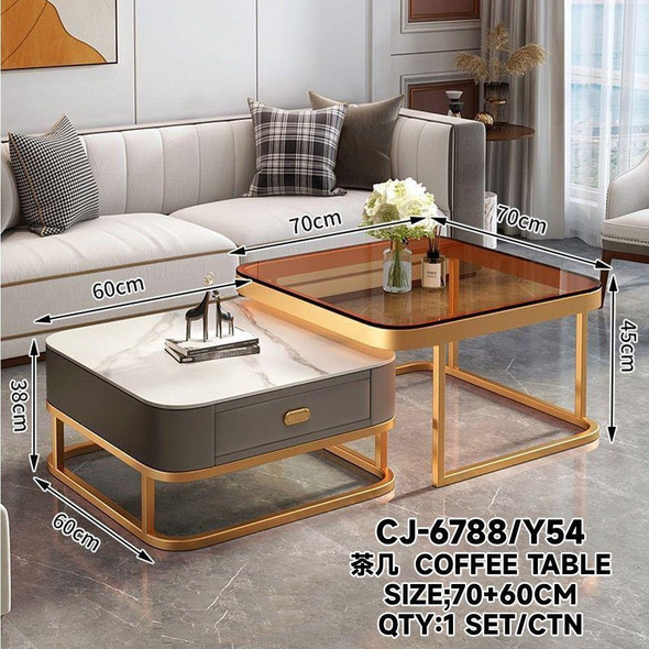 GLASS TABLE CJ-6788-Y45 GOLD AND GREY 2PCS SET COFFEE TABLE SQUARE 60CM + 70CM GLASS TABLE CJ-6788-Y45 GOLD AND GREY 2PCS SET COFFEE TABLE SQUARE 60CM + 70CM