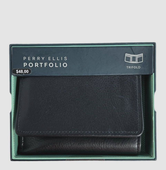 Wallet Men Perry Ellis Tri fold Black in Gift Box