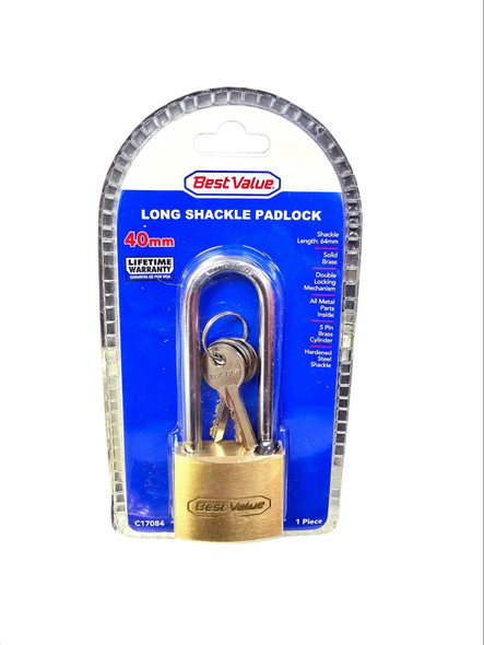 PADLOCK BEST VALUE 40MM #C17084 BRASS LONG SHACKLE