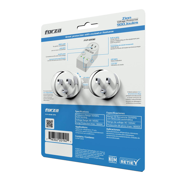 PROTECTOR VOLTAGE FORZA FVP-1201B 2PK 2PCS PACK 900J 1800W WHITE AND WHITE