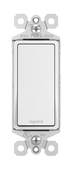 Legrand SWITCH LEGRAND DECORA SINGLE POLE 15A TM870W WHITE, white single pole switch for electrical control.