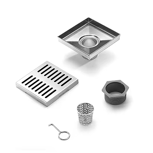 SHOWER DRAIN KIOTTO 4" STRIPE STAINLESS STEEL SILVER WITH HAIR FILTER #116S4