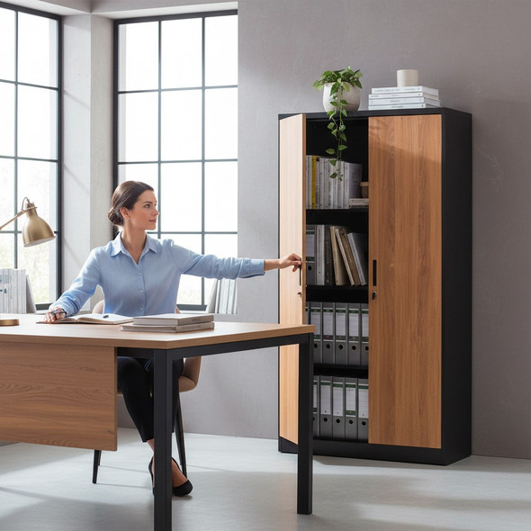 OFFICE CABINET FILING 2 DOOR 5 SHELVES METAL WOOD GRAIN HONDUR HQF-BFC-A18Z