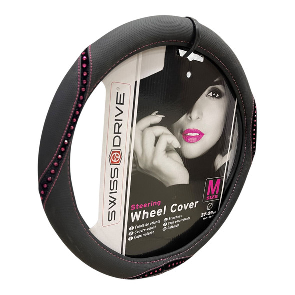 CAR STEERING WHEEL COVER SWISS DRIVE FVP125B BLACK WITH PINK DIAMOND SIZE M 37-39CM