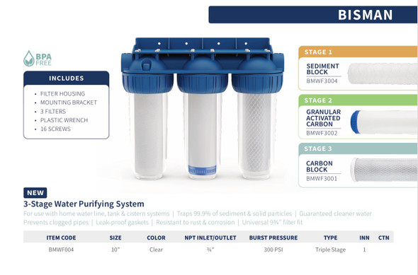 WATER FILTER HOUSING TRIPLE CLEAR HEAVY WITH FILTER BISMAN BMWF004