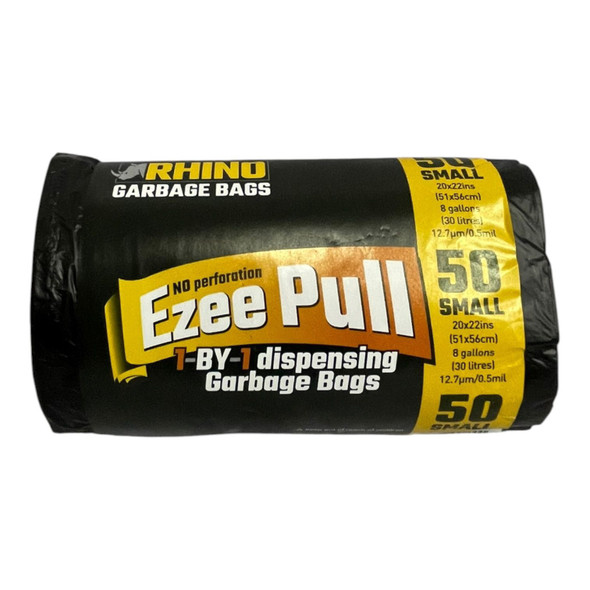 BAGS GARBAGE RHINO BLACK EZEE PULL 50PCS SMALL ROLL 20X22"