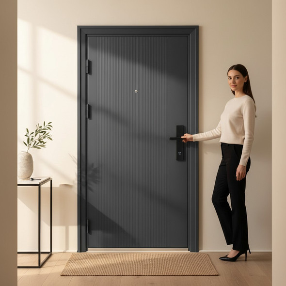 DOOR METAL SINGLE BLACK 2050X960 #4312 WITH PEEPHOLE