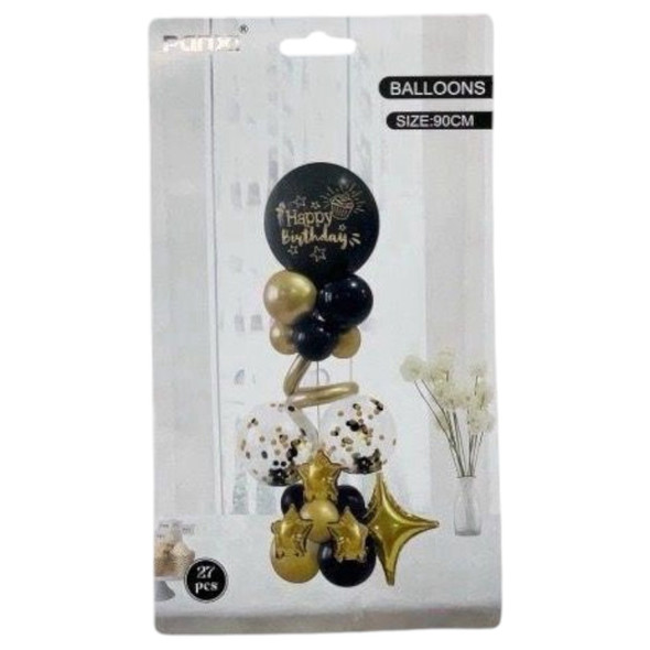 PARTY BALLOONS 27PCS PACK HAPPY BIRTHDAY BLACK AND GOLD QQTZ-3532/Y46