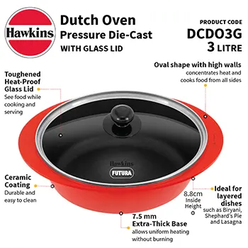 DUTCH OVEN HAWKINS DCDO3G DIE CAST WITH GLASS LID 3L