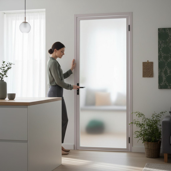 DOOR SHOWER 32" X 80" WHITE HEAVY FRAME FROSTED GLASS 0316-578 HANDLE ON FRAME
