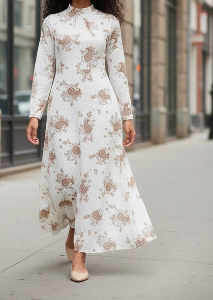 Dress Lined Chiffon Floral White / Brown / Black