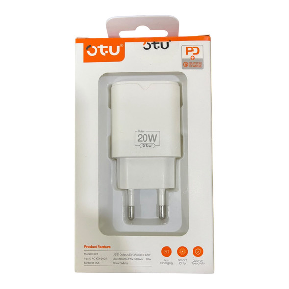 CHARGER ADAPTER USB OTU EU-11 20W PD SMART FAST ROUND PLUG EURO TRAVEL 110V-240V
