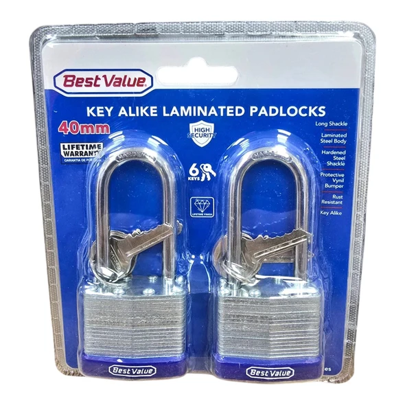 PADLOCK BEST VALUE 40MM 2PCS SET KEY ALIKE LONG SHACKLE C17017D