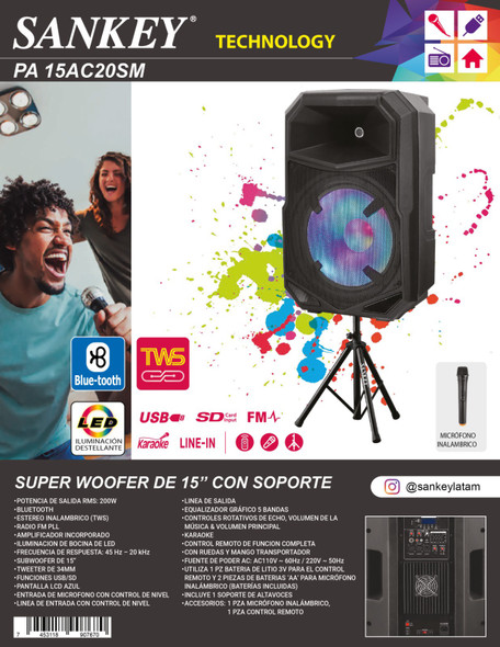 SPEAKER BOX SANKEY 15" PA-15AC20SM WITH MIC AND STAND POWERED SOLD EACH