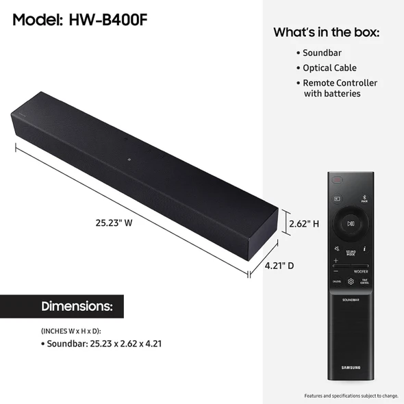 SOUNDBAR SAMSUNG HW-B400 2.0CH B-SERIES 1Y
