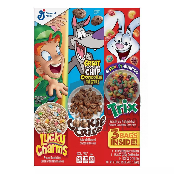 GENERAL MILLS CEREAL 3 BAGS VARIETY PACK LUCKY CHARMS COOKIE CRISP TRIX