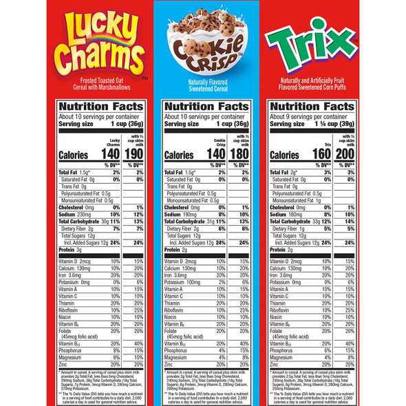 GENERAL MILLS CEREAL 3 BAGS VARIETY PACK LUCKY CHARMS COOKIE CRISP TRIX