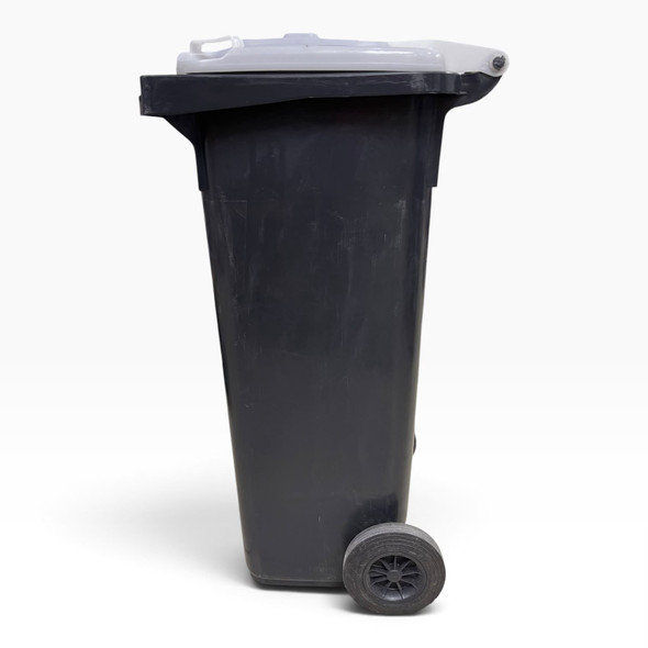 BIN PLASTIC LARGE WITH WHEELS AND COVER EN840-1 140L 70kg BLACK WITH WHITE COVER AND BRUSH OPENING
