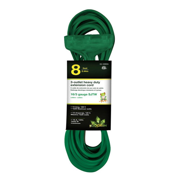 EXTENSION CORD OUTDOOR 8' GOGREEN GG-15008GN 3 OUTLET 16G