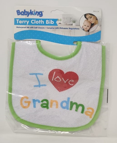 BABY TERRY CLOTH BIB I LOVE GRANDMA BABYKING BK83700 SOLD EACH