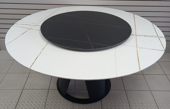 DINING TABLE ROUND 5FT MARBLE TOP WITH SPINNING CENTER TWO TONE WHITE BLACK JK97