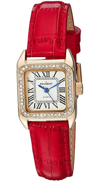 Watch Women's Peugeot 14K Gold-Plated Crystal Bezel Roman Numeral Red Leather Band