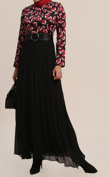 Dress lined Black pleated red/pink print