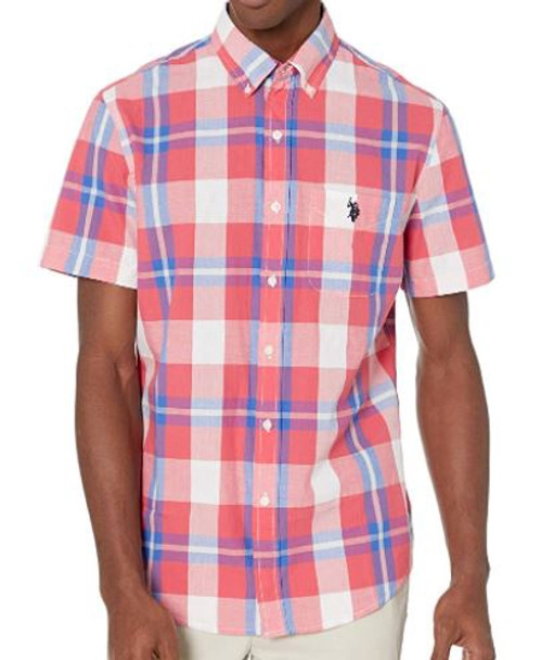 Men Shirt Short Sleeve Button Down US Polo Plaid Pink