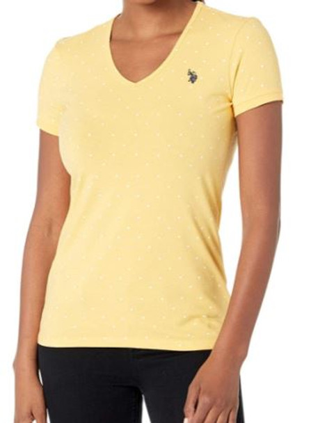 Women T-shirt V-neck Marigold dots