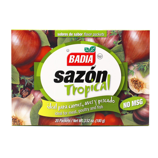 BADIA SAZON TROPICAL IDEAL FOR MEAT, POULTRY AND FISH 20 PACKETS 3.52oz 100g