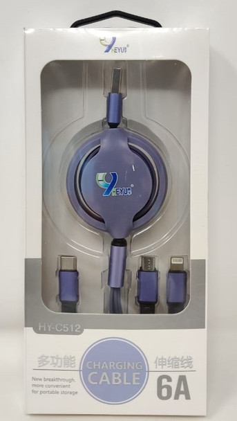 CABLE USB 3 IN 1 HEYU HY-C512 6A CHARGING EXPANDABLE