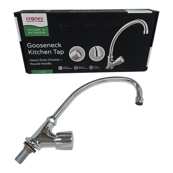 GOOSE NECK KITCHEN TAP CRONEX CXP5348 HEAVY DUTY CHROME ROUND KNOB