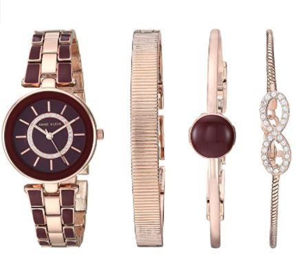 Watch Set Women Anne Klein Crystal Accented with Bracelets Burgandy & Rose Gold 3286BYST