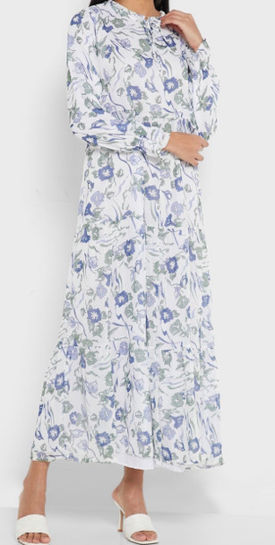 Dress Floral Lined Chiffon White & Blue