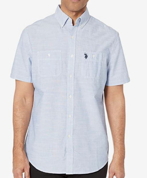 Men Shirt US Polo Short Sleeve Button Down Light Blue